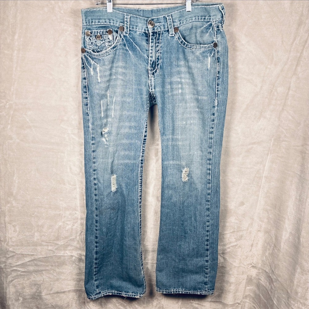 True Religion Billy Big T Distressed Straight Leg Jeans Mens 38x34 Blue Denim